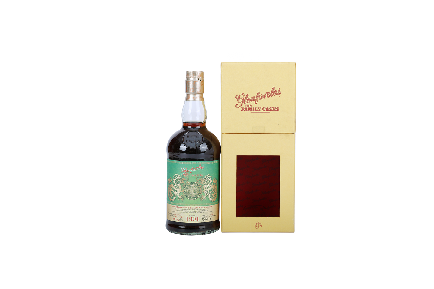 GLENFARCLAS THE FAMILY CASK 1991 58.3%ALC., OB 12/11/2012, SHERRY CASK, CASK NO. 5674, 1/592, 176TH ANNIVERSARY GREEN DRAGON LABE 1991 700ml OC(1)